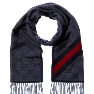 Gucci Midnight Blue Dark Navy and Red Wool Striped GG Nikky Scarf